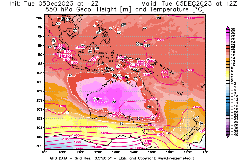 GFS analysi map - Geopotential and Temperature at 850 hPa in Oceania
									on December 5, 2023 H12