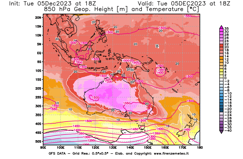 GFS analysi map - Geopotential and Temperature at 850 hPa in Oceania
									on December 5, 2023 H18