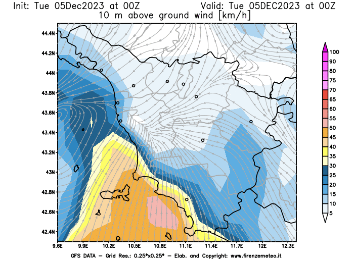GFS analysi map - Wind Speed at 10 m above ground in Tuscany
									on December 5, 2023 H00