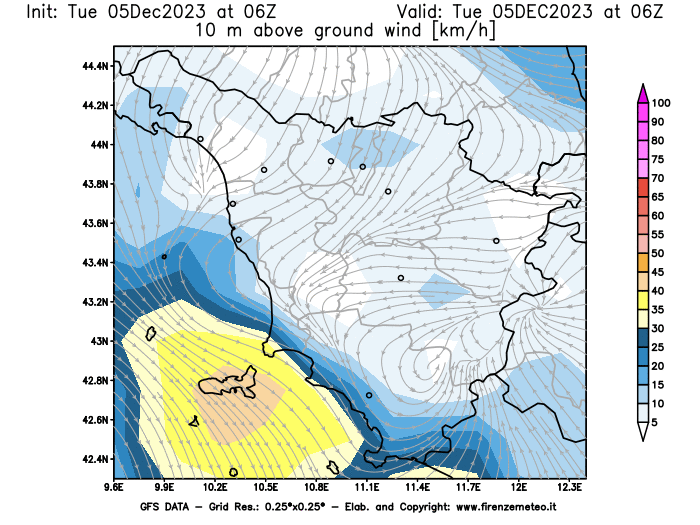 GFS analysi map - Wind Speed at 10 m above ground in Tuscany
									on December 5, 2023 H06