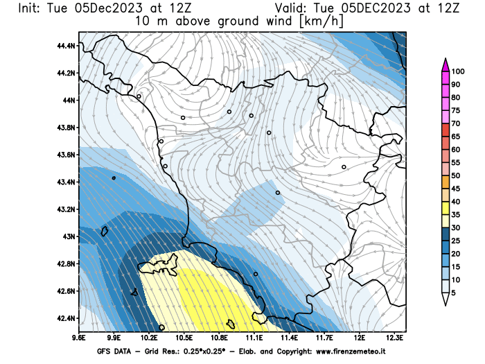 GFS analysi map - Wind Speed at 10 m above ground in Tuscany
									on December 5, 2023 H12