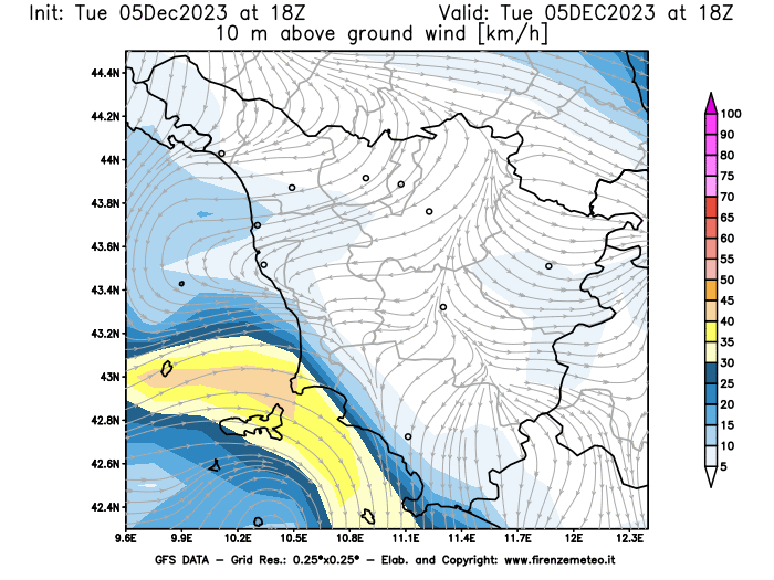 GFS analysi map - Wind Speed at 10 m above ground in Tuscany
									on December 5, 2023 H18
