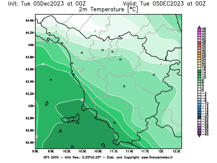 GFS analysi map - Temperature at 2 m above ground in Tuscany
									on December 5, 2023 H00