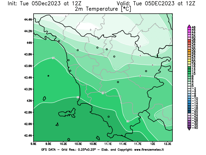 GFS analysi map - Temperature at 2 m above ground in Tuscany
									on December 5, 2023 H12