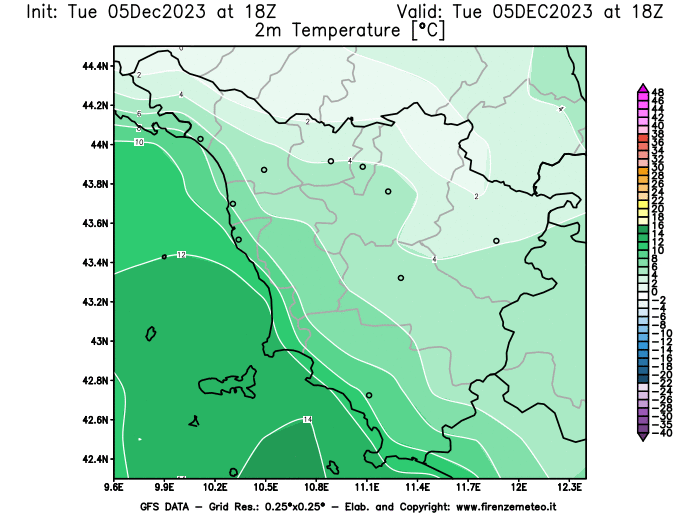 GFS analysi map - Temperature at 2 m above ground in Tuscany
									on December 5, 2023 H18