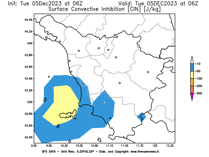 GFS analysi map - CIN in Tuscany
									on December 5, 2023 H06