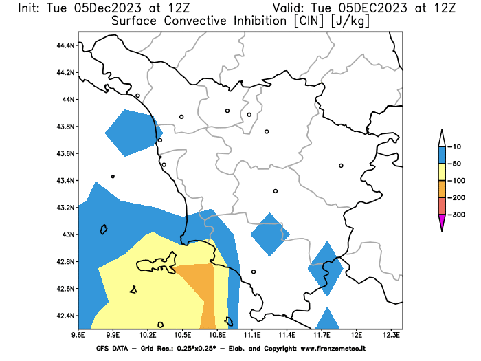 GFS analysi map - CIN in Tuscany
									on December 5, 2023 H12