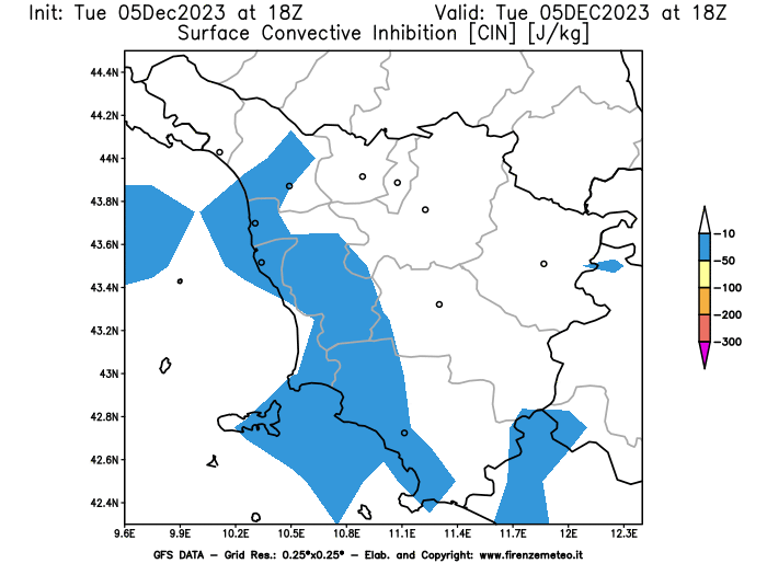 GFS analysi map - CIN in Tuscany
									on December 5, 2023 H18
