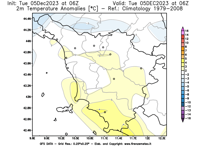 GFS analysi map - Temperature Anomalies at 2 m in Tuscany
									on December 5, 2023 H06