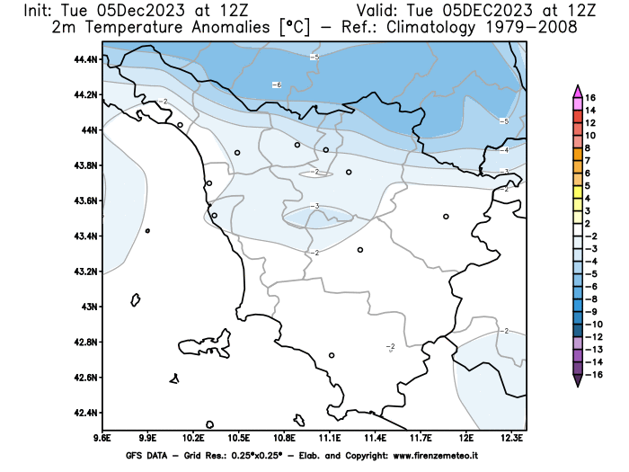GFS analysi map - Temperature Anomalies at 2 m in Tuscany
									on December 5, 2023 H12