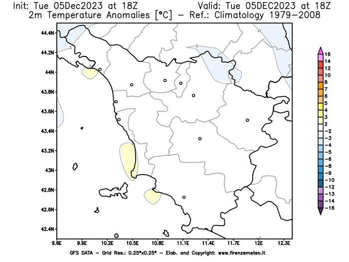 GFS analysi map - Temperature Anomalies at 2 m in Tuscany
									on December 5, 2023 H18