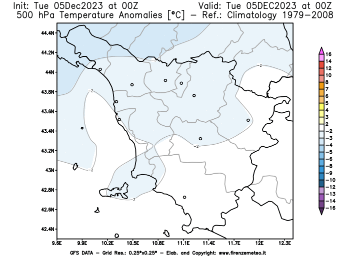 GFS analysi map - Temperature Anomalies at 500 hPa in Tuscany
									on December 5, 2023 H00
