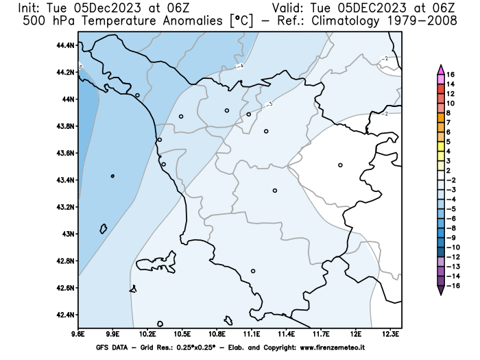 GFS analysi map - Temperature Anomalies at 500 hPa in Tuscany
									on December 5, 2023 H06
