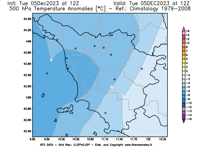 GFS analysi map - Temperature Anomalies at 500 hPa in Tuscany
									on December 5, 2023 H12