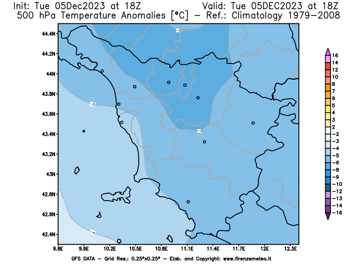GFS analysi map - Temperature Anomalies at 500 hPa in Tuscany
									on December 5, 2023 H18