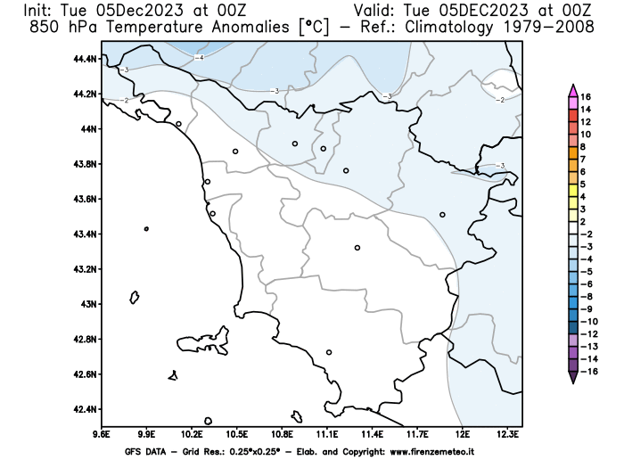 GFS analysi map - Temperature Anomalies at 850 hPa in Tuscany
									on December 5, 2023 H00