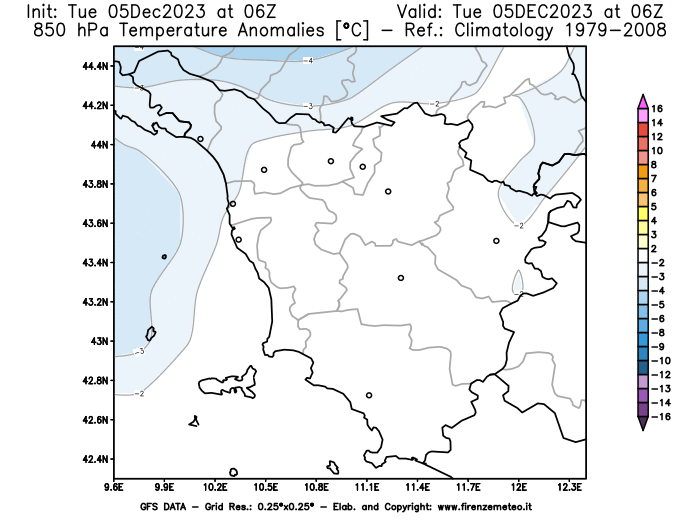 GFS analysi map - Temperature Anomalies at 850 hPa in Tuscany
									on December 5, 2023 H06