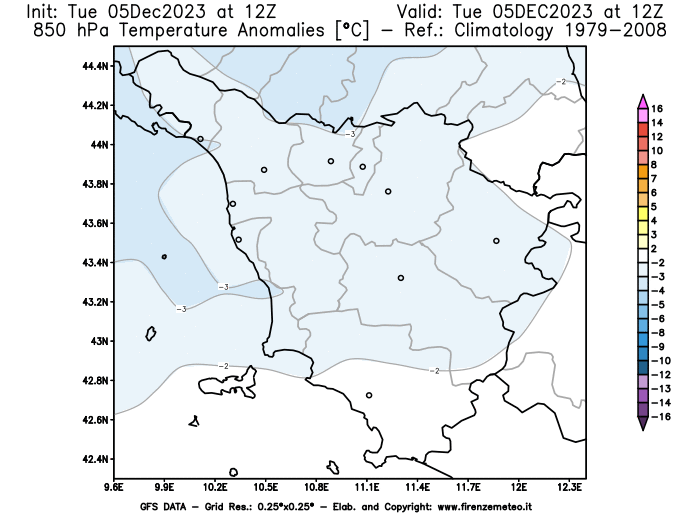 GFS analysi map - Temperature Anomalies at 850 hPa in Tuscany
									on December 5, 2023 H12