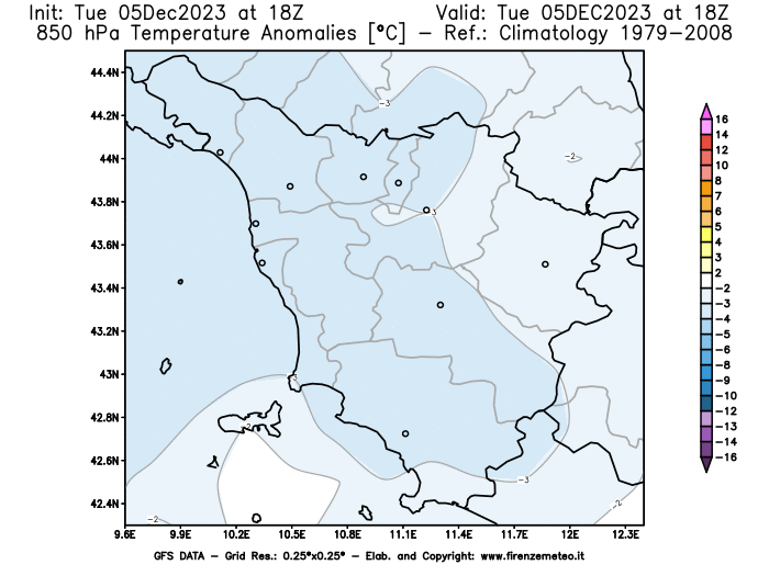 GFS analysi map - Temperature Anomalies at 850 hPa in Tuscany
									on December 5, 2023 H18
