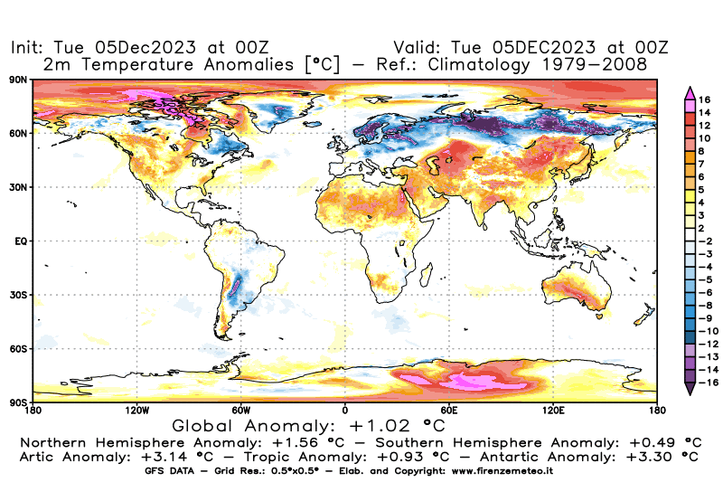 GFS analysi map - Temperature Anomalies at 2 m in World
									on December 5, 2023 H00