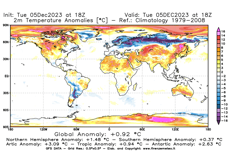 GFS analysi map - Temperature Anomalies at 2 m in World
									on December 5, 2023 H18