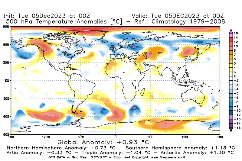 GFS analysi map - Temperature Anomalies at 500 hPa in World
									on December 5, 2023 H00
