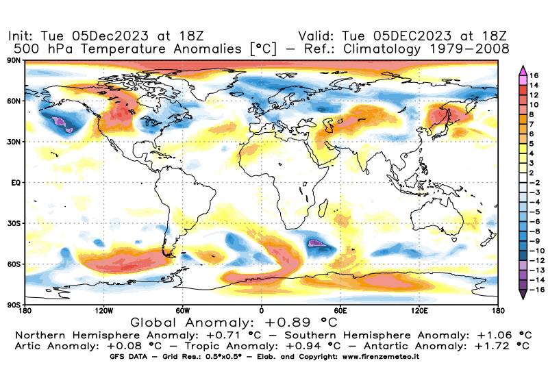 GFS analysi map - Temperature Anomalies at 500 hPa in World
									on December 5, 2023 H18