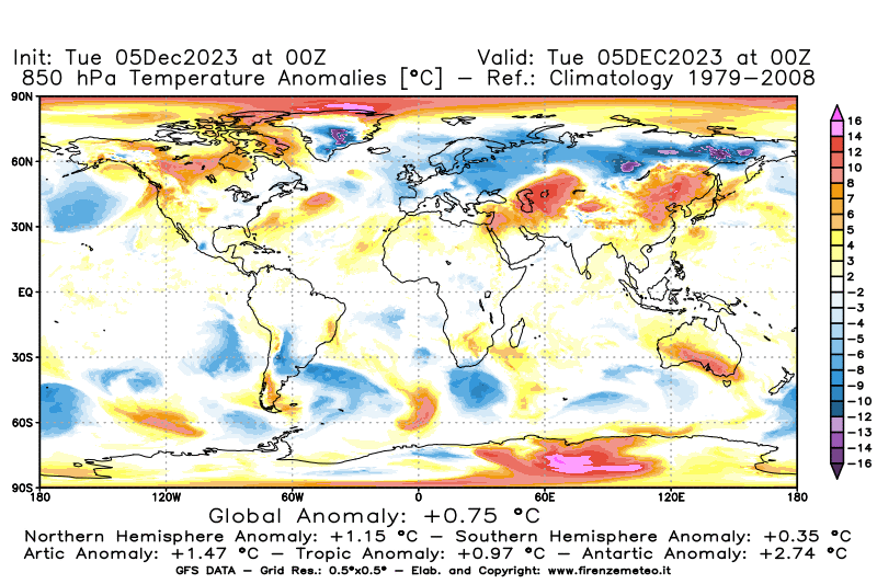 GFS analysi map - Temperature Anomalies at 850 hPa in World
									on December 5, 2023 H00