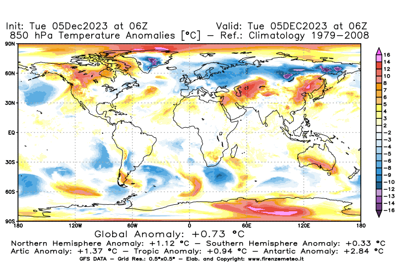GFS analysi map - Temperature Anomalies at 850 hPa in World
									on December 5, 2023 H06