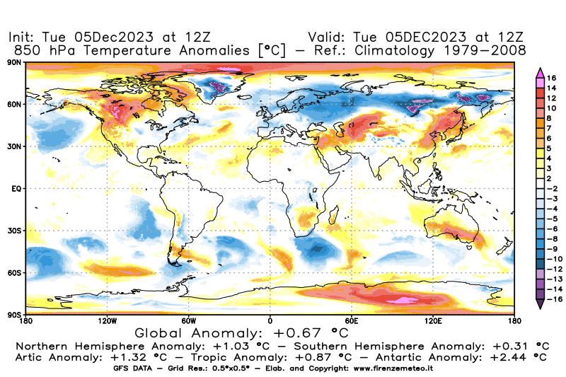 GFS analysi map - Temperature Anomalies at 850 hPa in World
									on December 5, 2023 H12