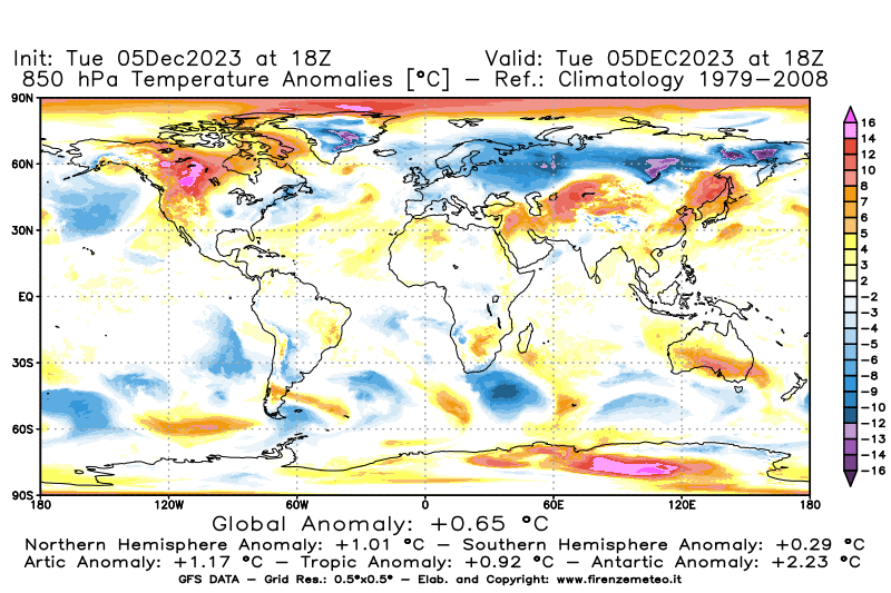 GFS analysi map - Temperature Anomalies at 850 hPa in World
									on December 5, 2023 H18