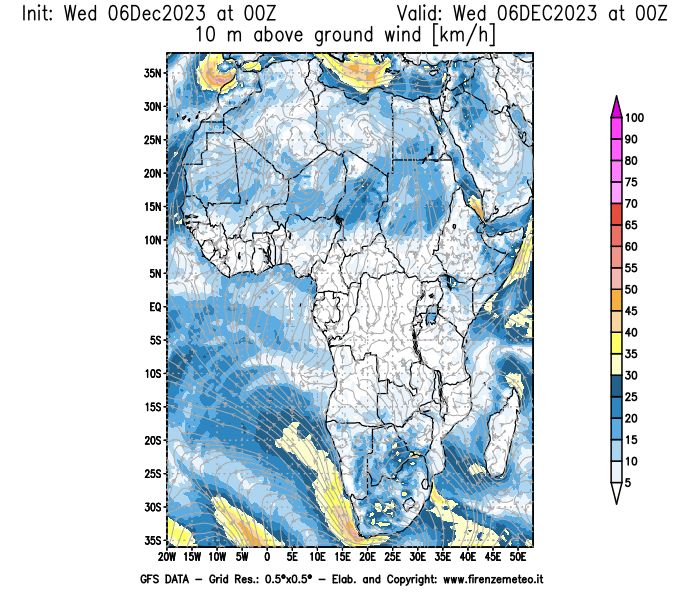 Mappa di analisi GFS - Velocità del vento a 10 metri dal suolo in Africa
							del 6 dicembre 2023 z00