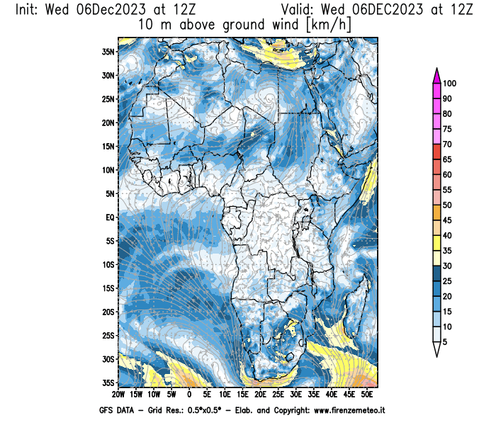 Mappa di analisi GFS - Velocità del vento a 10 metri dal suolo in Africa
							del 6 dicembre 2023 z12