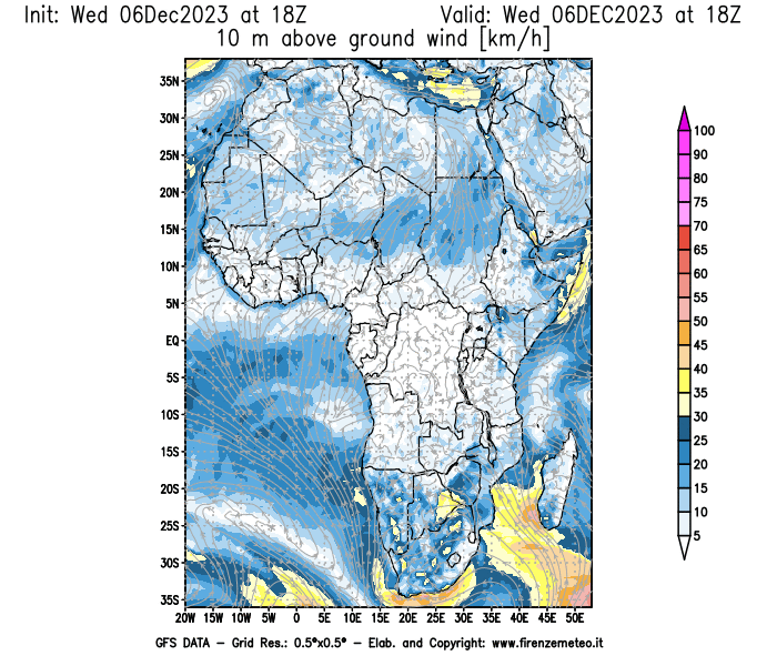 Mappa di analisi GFS - Velocità del vento a 10 metri dal suolo in Africa
							del 6 dicembre 2023 z18