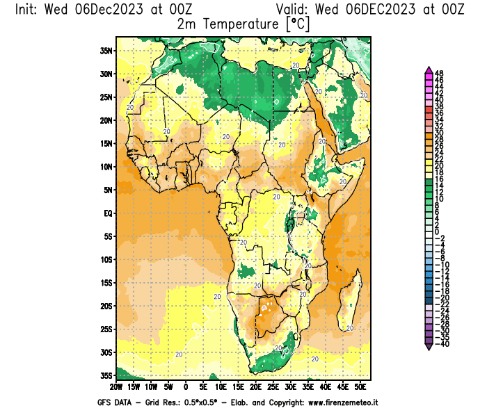 Mappa di analisi GFS - Temperatura a 2 metri dal suolo in Africa
							del 6 dicembre 2023 z00