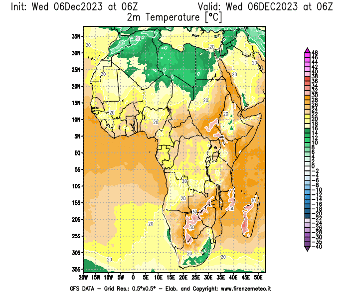 Mappa di analisi GFS - Temperatura a 2 metri dal suolo in Africa
							del 6 dicembre 2023 z06