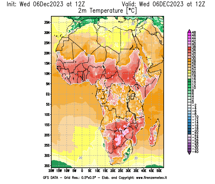 Mappa di analisi GFS - Temperatura a 2 metri dal suolo in Africa
							del 6 dicembre 2023 z12