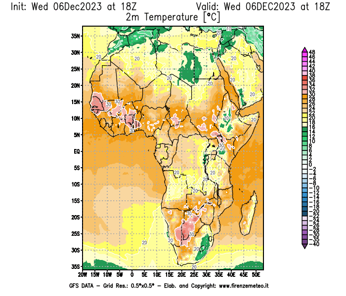 Mappa di analisi GFS - Temperatura a 2 metri dal suolo in Africa
							del 6 dicembre 2023 z18