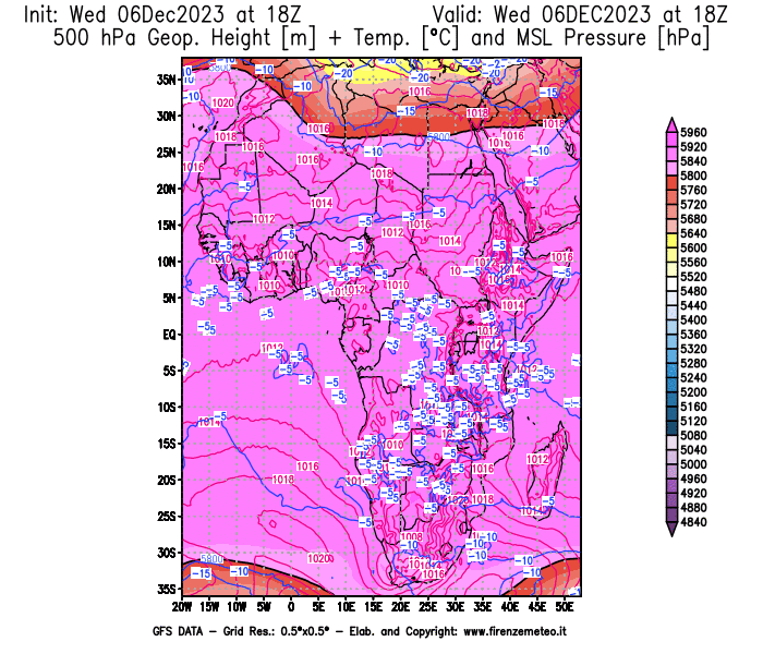 GFS analysi map - Geopotential + Temp. at 500 hPa + Sea Level Pressure in Africa
									on December 6, 2023 H18