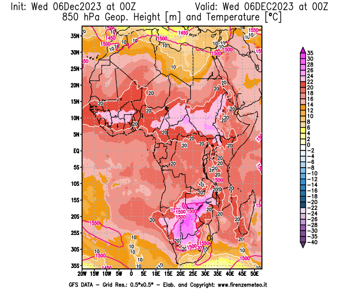 Mappa di analisi GFS - Geopotenziale e Temperatura a 850 hPa in Africa
							del 6 dicembre 2023 z00