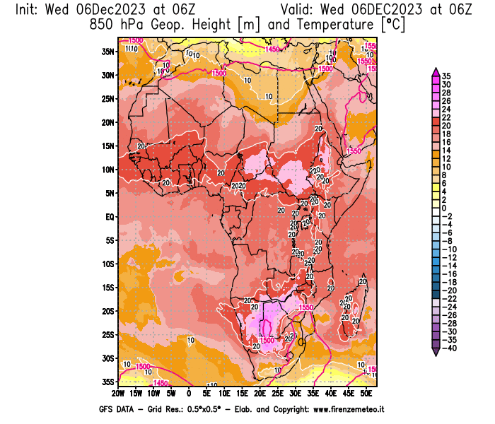 GFS analysi map - Geopotential and Temperature at 850 hPa in Africa
									on December 6, 2023 H06