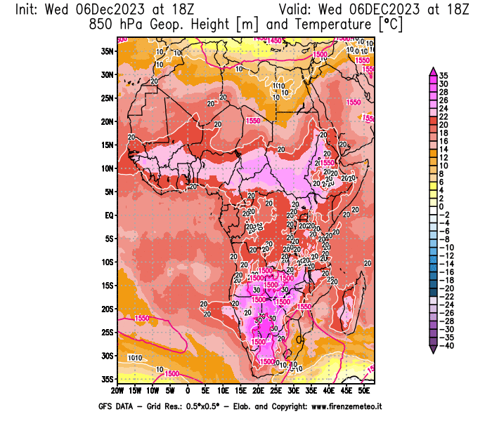 Mappa di analisi GFS - Geopotenziale e Temperatura a 850 hPa in Africa
							del 6 dicembre 2023 z18