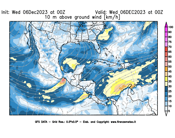 Mappa di analisi GFS - Velocità del vento a 10 metri dal suolo in Centro-America
							del 6 dicembre 2023 z00
