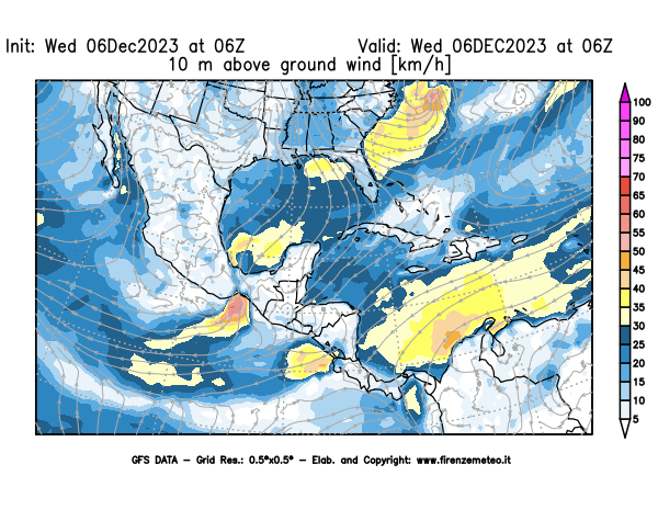 Mappa di analisi GFS - Velocità del vento a 10 metri dal suolo in Centro-America
							del 6 dicembre 2023 z06