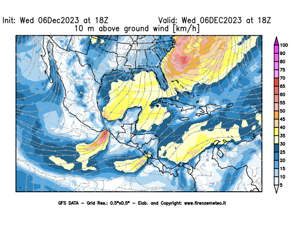 GFS analysi map - Wind Speed at 10 m above ground in Central America
									on December 6, 2023 H18