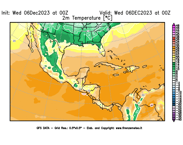 Mappa di analisi GFS - Temperatura a 2 metri dal suolo in Centro-America
							del 6 dicembre 2023 z00