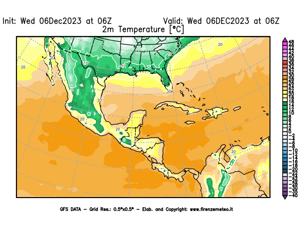 GFS analysi map - Temperature at 2 m above ground in Central America
									on December 6, 2023 H06