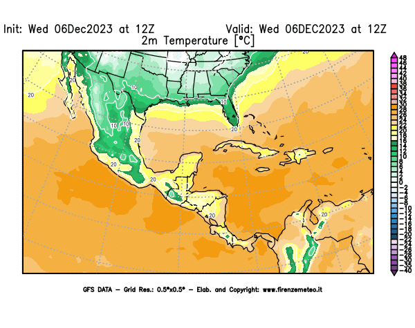 Mappa di analisi GFS - Temperatura a 2 metri dal suolo in Centro-America
							del 6 dicembre 2023 z12