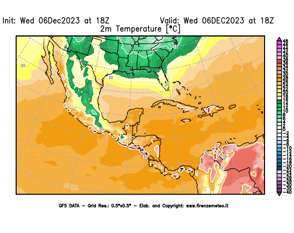 GFS analysi map - Temperature at 2 m above ground in Central America
									on December 6, 2023 H18