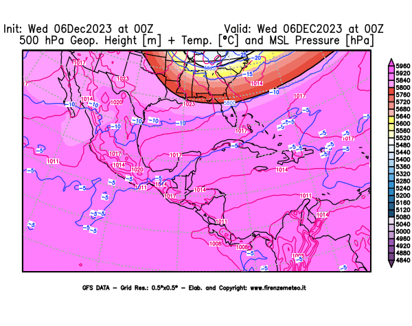 GFS analysi map - Geopotential + Temp. at 500 hPa + Sea Level Pressure in Central America
									on December 6, 2023 H00